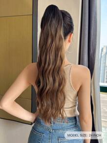 Wrap Around Ponytail Extension Ombre 22 Inch Long Water Wave Pony Tail Hair Heat Resistant Firber Synthetic Hairpiece For Girls Women Daily Use Black Brown