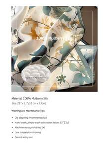 1 pieza Pañuelo de seda de mora 100% con estampado floral elegante, accesorio versátil de primavera para mujeres - Verde Oscuro - Ver 3