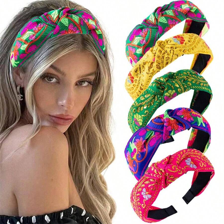 1件复古风格宽结刺绣发箍，女士款，宫廷文化时尚发箍，发带，发箍，发饰，头饰 - 彩色 - 查看 1