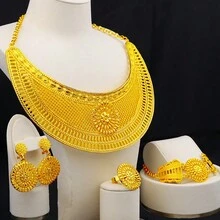 4入組花紋22k鍍金珠寶套裝,包括耳環、項鍊、戒指和吊墜。適合迪拜女性,是婚禮禮物、派對和活動的理想選擇（非洲,尼日利亞風格） - 翅膀桃 - 查看 6