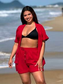 Conjunto Feminino Kimono/Cardigan e Short Plus Size - Vermelho - Visão 4