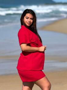 Conjunto Feminino Kimono/Cardigan e Short Plus Size - Vermelho - Visão 3