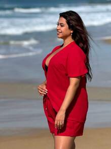 Conjunto Feminino Kimono/Cardigan e Short Plus Size - Vermelho - Visão 5