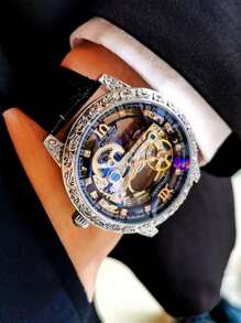 AOKULASIC Luxury Men's Automatic Mechanical Skeleton Design Waterproof Leather Strap Watch For Men - Black - View 10