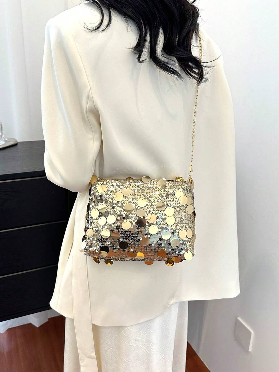 Fashion Glitter Sequin Rectangle Women's Bag, New Versatile Zipper Crossbody Bag, Unique Design Chain Strap Party Clutch - Gold - View 1