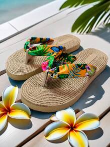 Women's Anti-Slip Flower Patterned Flip-Flops, Ladies' Summer Vacation Beach Slippers, Women's Sandals Summer Casual Vacation Slides, Summer Women's Flat Sandals, Printed Woven Bohemian Style Flip-Flops, Ladies' Flat Sandals - Flowers - View 6