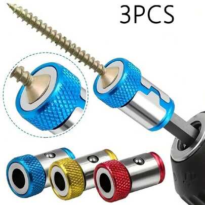 3入組通用防滑合金磁性螺絲刀頭座，帶藍色、黃色和紅色磁性環