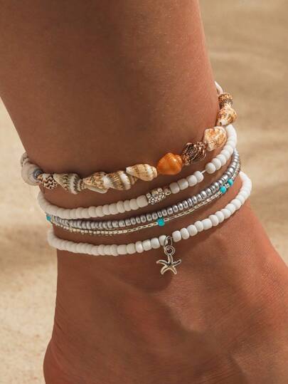5入組簡約玻璃珠海星、貝殼和海螺腳鍊套裝（女款），適合海灘度假