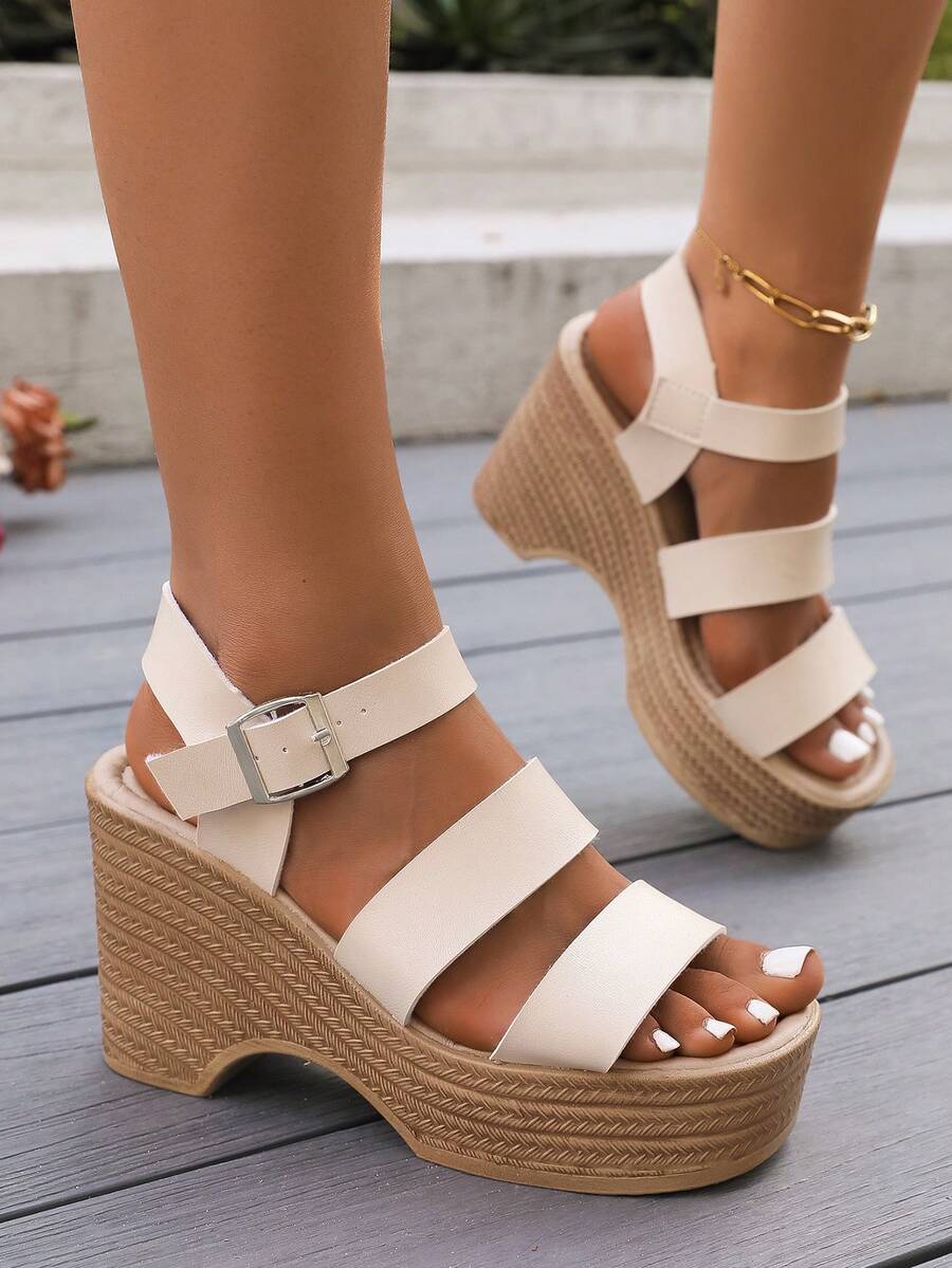 女士精致高台 Z 型带露趾坡跟凉鞋，适合休闲、派对、用餐，稳定防滑，易于穿着，适合夏季和秋季 - 白色 - 查看 1