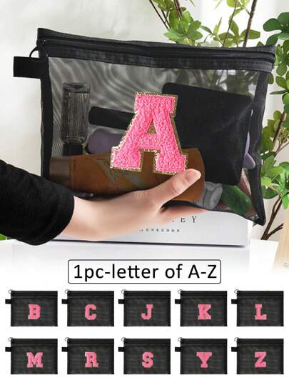 黑色网眼袋，大容量，玫瑰花图案，可刺绣字母，毛巾上绣有A-Z字母，透明网眼化妆品收纳袋，多功能旅行便携包，口红护肤品收纳化妆包，学生文具袋，网眼拉链袋，旅行化妆品整理包，简约高端，配件收纳，适用于宿舍、旅行、出差、游泳、居家收纳