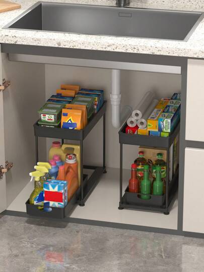1 Set, Under Sink Organizer, 2-Tier Sliding Cabinet Basket Organizer Drawers, Under Sink Organizers And Storage, Bathroom Kitchen Cabinet Organizer With Hooks Cup, The Bottom Drawers Can Be Slid Out, Kitchen Accessories,Storage,Kitchen Organiser,Kitchen Items,Room Decor,Home Decor.