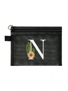 1个黑色网眼袋，雏菊图案，可定制字母A-Z，透明网眼化妆品收纳袋，多功能旅行便携袋，护肤品和化妆品收纳袋，学生文具袋，网眼拉链袋，旅行化妆品包装收纳袋，简约时尚，适合珠宝收纳、住宿、旅行、商务、游泳和家居收纳。 - 黑色 - 查看 24