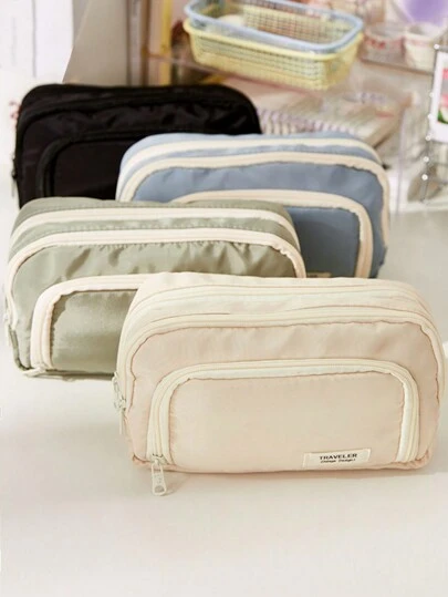 1pc 3-Layer Canvas Pencil Case With Window, High-Quality Japanese Style Large Capacity Stationery Bag Back To School,Pencil Pouch,School Bag