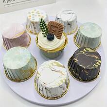 50pcs Thickened Marble-Patterned Muffin Cups, Cake Paper Trays, High-Temperature Resistant Baking Cups, Baking Greaseproof Paper - 50pc Single-sided Gold Stone Pattern Cake Tray - View 1