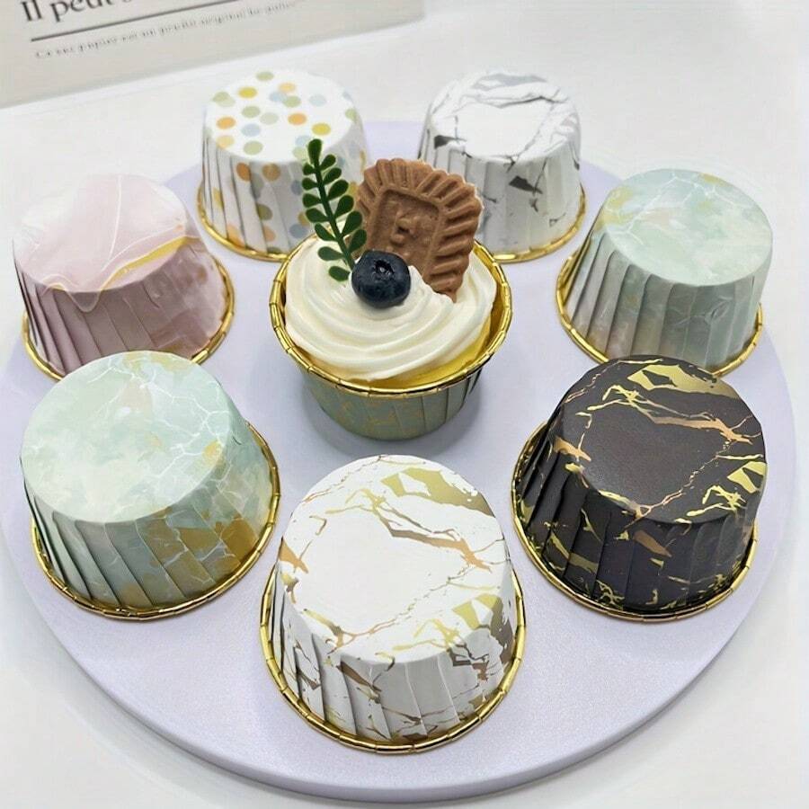 50pcs Thickened Marble-Patterned Muffin Cups, Cake Paper Trays, High-Temperature Resistant Baking Cups, Baking Greaseproof Paper - 50pc Single-sided Gold Stone Pattern Cake Tray - View 1
