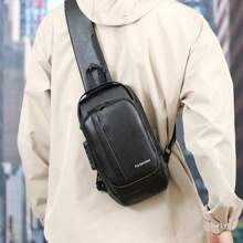 1 件男士防水 PU 皮革腰包，带 USB 充电和密码锁，情人节礼物，送给父亲，父亲节礼物，爸爸学院包，斜挎包，单肩包，侧包，节日工作，周末，暑假，随身携带，实用，大容量，黑色，个性化礼物，男朋友，丈夫 - 黑色 - 查看 2