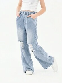 Tween Girl Straight Leg Ripped Jeans With A Relaxed Fit, Long Washed Denim Pants And Wide Leg Trousers - Blue - View 2