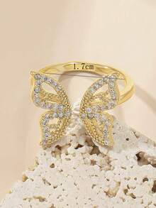 1pc Copper Inlaid Diamond Hollow Butterfly Ring - Yellow Gold - View 4
