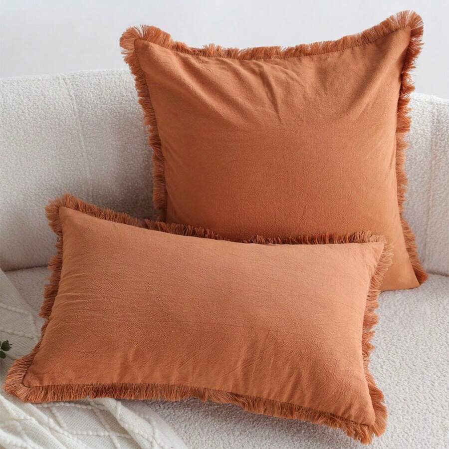 1入組素色流蘇裝飾靠墊套無填充物現代梭織面料裝飾抱枕套適用於客廳家居裝飾 - 亮橙色 - 查看 1