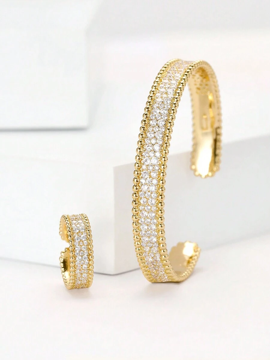 1 Set Of 2 Copper Bracelets & Rings Plated With 14K Gold And Cubic Zirconia, Suitable For Women Daily Wear
