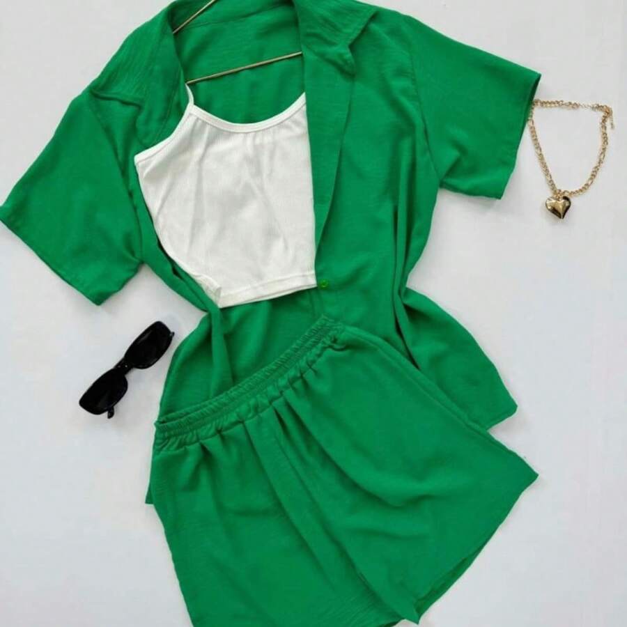 Conjunto de 3 piezas short crop top blusa tirantes camisa juvenil fresco - Verde - Ver 1