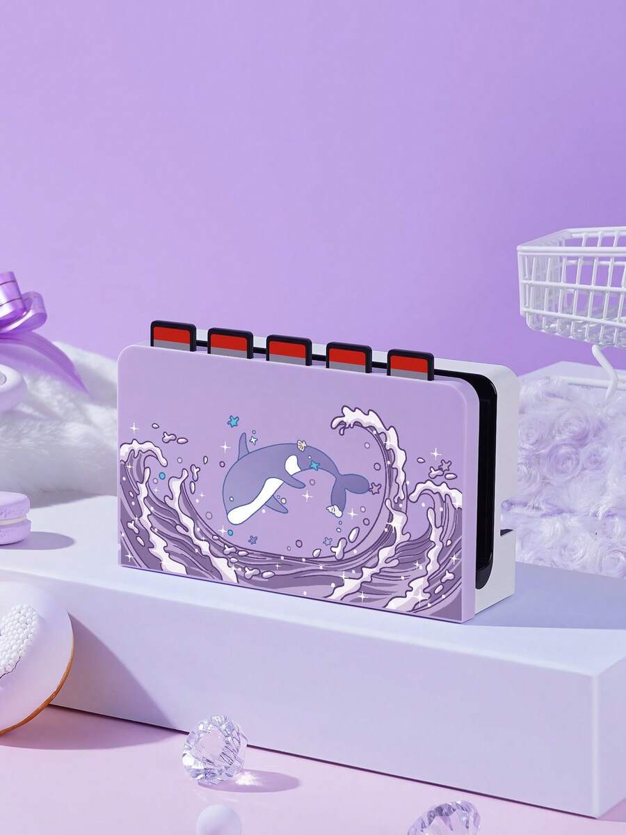 1 个紫色旋转鲨鱼图案卡槽支架保护套兼容 Switch OLED/Switch NS，可容纳 5 张游戏卡，游戏机配件盖，送给朋友/家人/游戏玩家的最佳礼物 - 彩色 - 查看 1