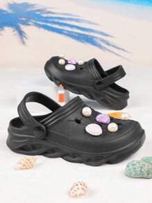 Fashionable Versatile Kids' Pearl Decorated Clogs, Lightweight Suitable For Outdoor Wear - Black - View 3