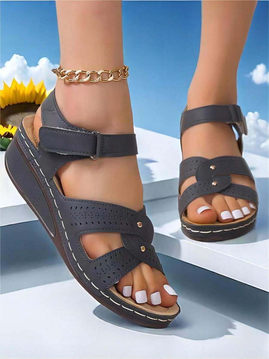 女士新款時尚楔形跟舒適厚底涼鞋，媽媽鞋，休閒開放式拖鞋 - 藏蓝色 - 查看 1