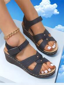 女士新款時尚楔形跟舒適厚底涼鞋，媽媽鞋，休閒開放式拖鞋 - 藏蓝色 - 查看 5