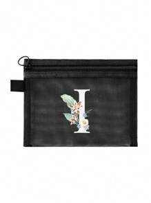 1个黑色网眼袋，雏菊图案，可定制字母A-Z，透明网眼化妆品收纳袋，多功能旅行便携袋，护肤品和化妆品收纳袋，学生文具袋，网眼拉链袋，旅行化妆品包装收纳袋，简约时尚，适合珠宝收纳、住宿、旅行、商务、游泳和家居收纳。 - 黑色 - 查看 23