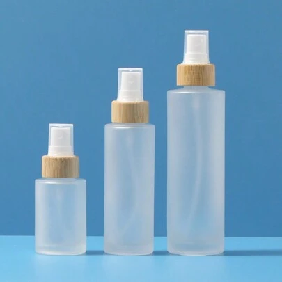 1pc Frosted Glass Spray Bottle With Frosted Bamboo Round Cap - Clear, 1.01 Fl Oz / 2.03 Fl Oz / 3.38 Fl Oz Glass Bottle And Spray