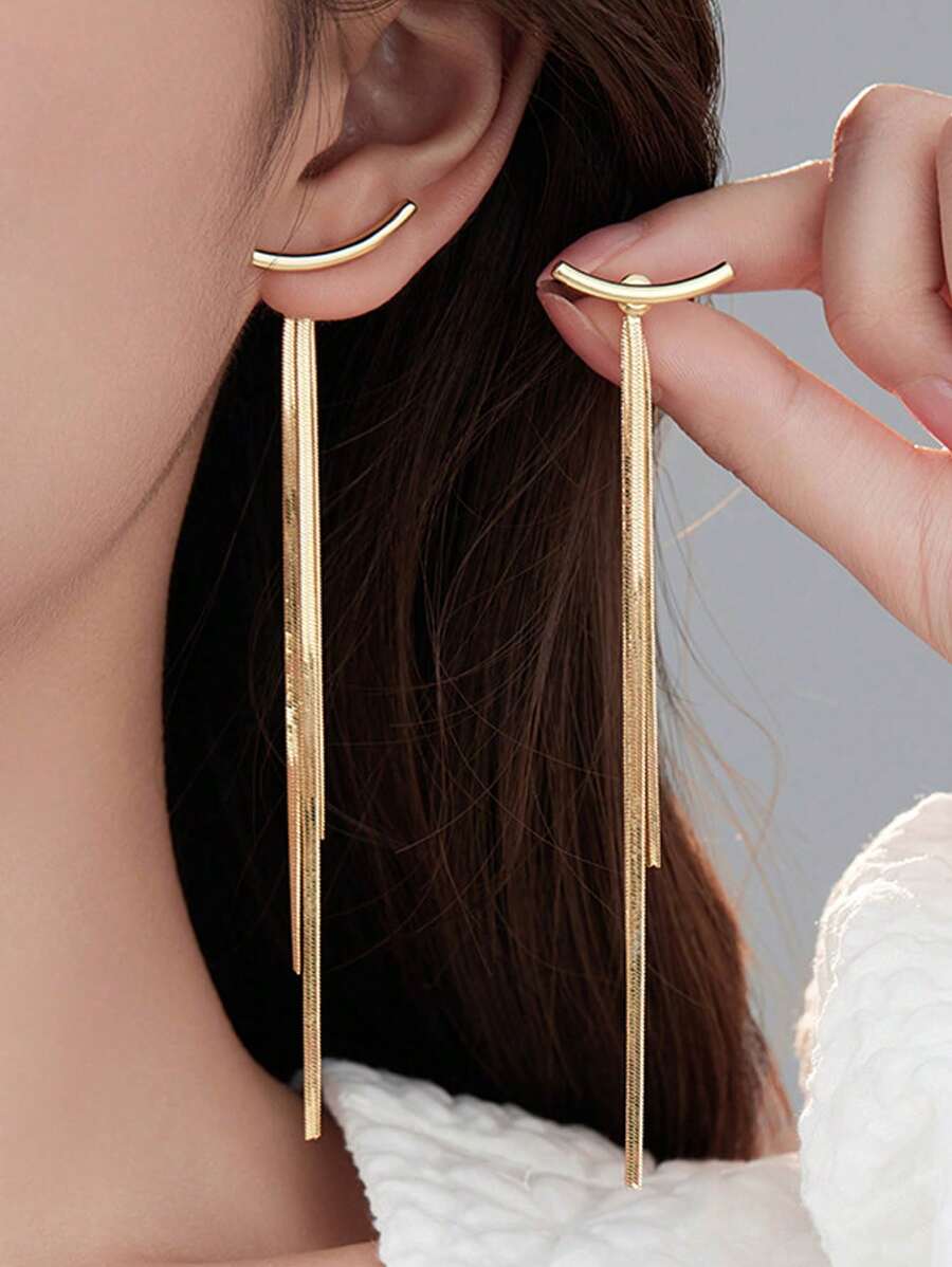 女性少女用長流蘇吊耳環，金色庞克流線金屬链耳環，婚禮伴娘珠寶 - 金色 - 查看 1