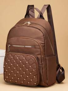 Quilted Zipper Backpack Purse,Classic Studded Decor Daypack,Women's Stylish Preppy School Bag & Book Bag,School Bag,Portable,Laptop Compartment,Large Capacity,For Teen Girls Women College Students,College,Middle School,High School,Outdoors,Travel,Outings,Elementary School,Office - Brown - View 4