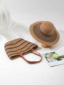 1pc Women's Wide Brim Sun Hat + 1pc Women's Fashionable Woven Straw Bag - Khaki - View 5