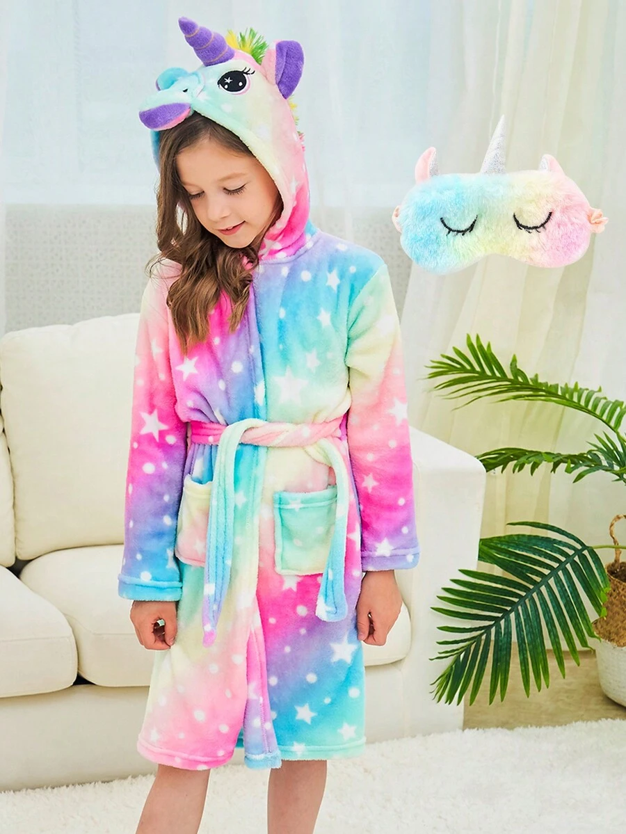 Conjunto de bata de unicornio en degradado arcoíris y antifaz para niñas preadolescentes - Multicolor - Ver 1