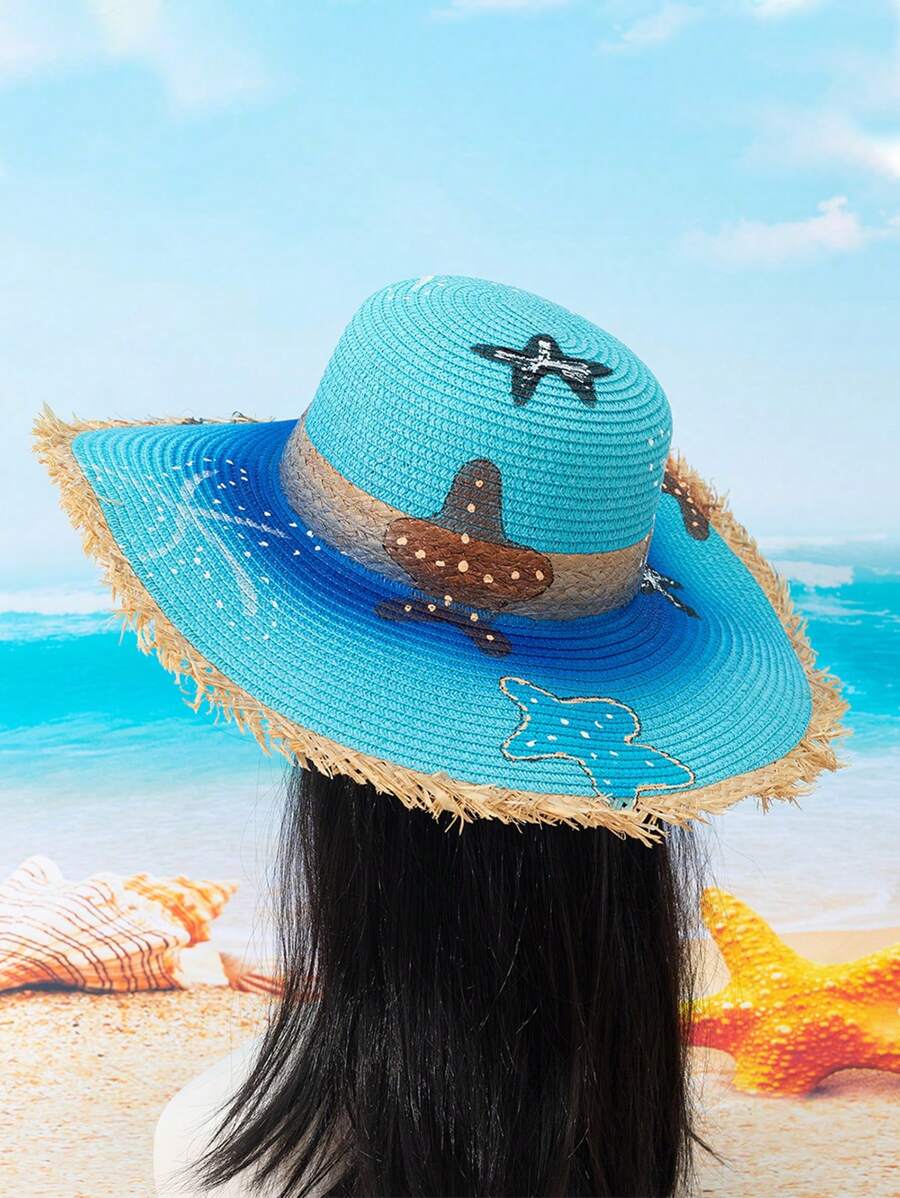 1 Mũ Rơm Sao Biển Vẽ Tay, Mũ Chống Nắng Mùa Hè Cho Câu Cá Kỳ Nghỉ Ở Bãi Biển, Y2K Phong Cách Trẻ Trưởng Thành Mũ - Mũ rơm - Xem 1