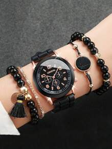 5入組時尚流行女士矽膠手錶，附手鐲女性石英錶套裝