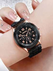 5入組時尚流行女士矽膠手錶，附手鐲女性石英錶套裝