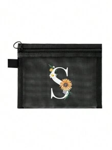 1个黑色网眼袋，雏菊图案，可定制字母A-Z，透明网眼化妆品收纳袋，多功能旅行便携袋，护肤品和化妆品收纳袋，学生文具袋，网眼拉链袋，旅行化妆品包装收纳袋，简约时尚，适合珠宝收纳、住宿、旅行、商务、游泳和家居收纳。 - 黑色 - 查看 27