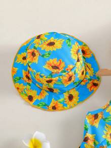 2pcs Young Girl Sunflower & Hawaiian Holiday Style Strap Dress With Belt And Hat, Perfect For Festivals, Holidays, Beaches Etc. In Spring/Summer - Blue - View 6