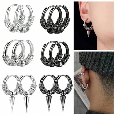 2Pcs Hip-Hop Vintage Stainless Steel Punk Stud Earrings Hoops Earrings Piercing Earring Gothic Jewelry Party Gifts For Men Boys
