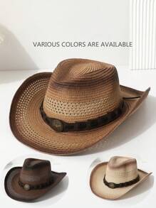 1pc Women's Handmade Mixed Color Star & Bow Decor Western Cowboy Hat, Unisex Breathable Straw Sun Hat For Travelling, Bohemian Style, Party, Casual, Suitable For Daily Use - Multicolor - View 1