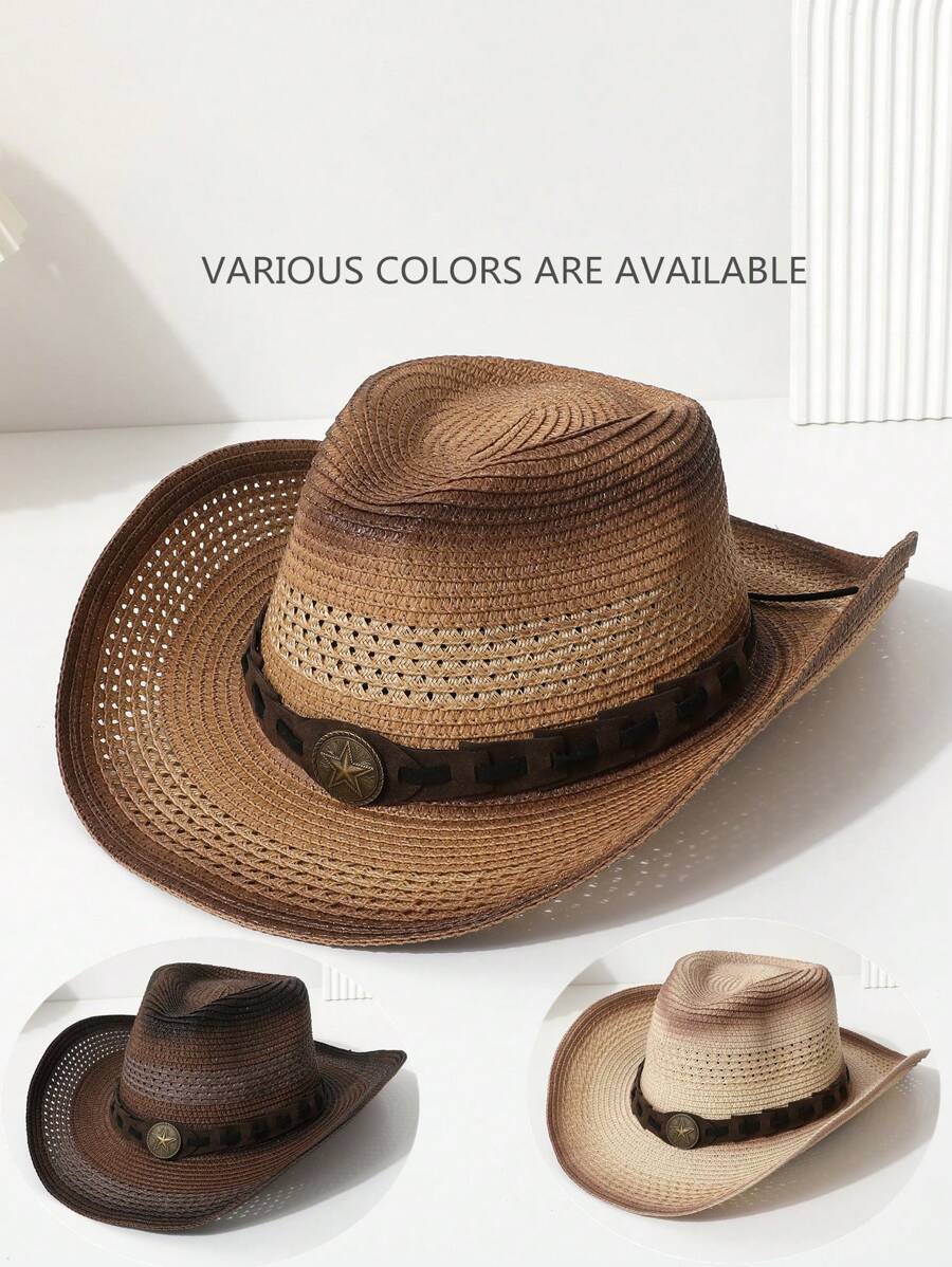 1pc Women's Handmade Mixed Color Star & Bow Decor Western Cowboy Hat, Unisex Breathable Straw Sun Hat For Travelling, Bohemian Style, Party, Casual, Suitable For Daily Use - Multicolor - View 1