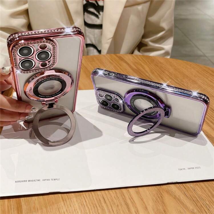 苹果 1 件时尚水钻手机壳带闪光镜头保护膜和 Magsafe 环支架适用于 iPhone 16 15 14 13 12 11 Pro Max 防震手机壳手机保护套 - 紫色 - 查看 3