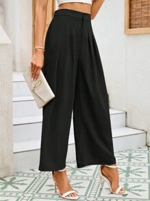 Women High Waisted Wide Leg Palazzo Pants, Flowy Pants For Women Loose Fit Elastic Waist Pleated Trousers Comfy Elegant Business Casual Straight Leg Dress Pants - Black - View 3