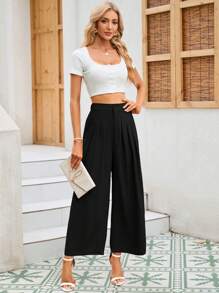 Women High Waisted Wide Leg Palazzo Pants, Flowy Pants For Women Loose Fit Elastic Waist Pleated Trousers Comfy Elegant Business Casual Straight Leg Dress Pants - Black - View 5