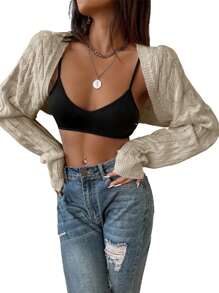 Womens Long Sleeve Open Front Crop Cardigan Sweater Drop Shoulder Shrugs Knit Bolero Sweaters Tops Outwear - 灰杏仁 - 查看 4