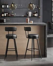 VASAGLE Bar Stools Set Of 2, Bar Height Swivel Bar Stools With Back, Synthetic Leather With Stitching, Mid-Century Modern, 30-Inch Tall, Kitchen Home Bar - 黑色 - 查看 2