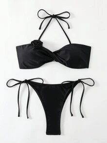 New Style Floral Solid Color Two-Piece Bikini Set With Spaghetti Strap Spaghetti Strap Top For Hot Springs Vacation Summer - Black - View 5