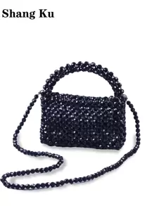 Mini Beaded Satchel Bag Top Handle - Black - View 4